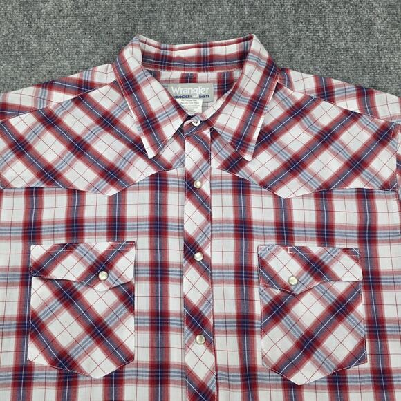 Wrangler Wrancher Shirt Mens XLT Red White Blue Plaid Pearl Snap Western Rodeo - Picture 9 of 15